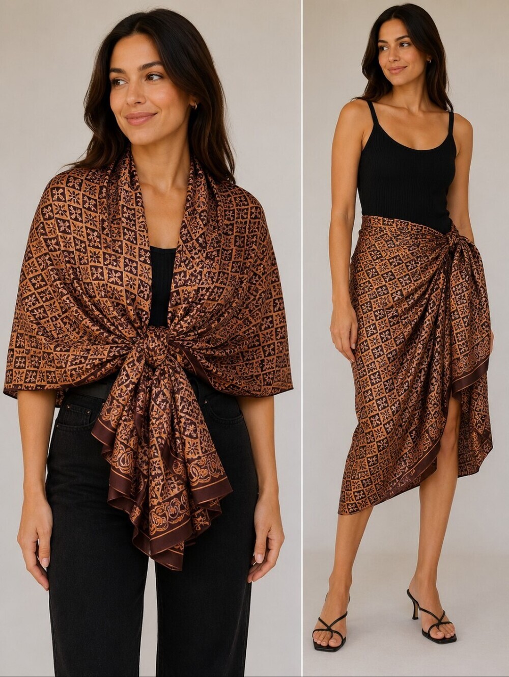 Vintage Silk Brown Floral Blanket Shawl Wrap Dupatta Sarong Cover-up